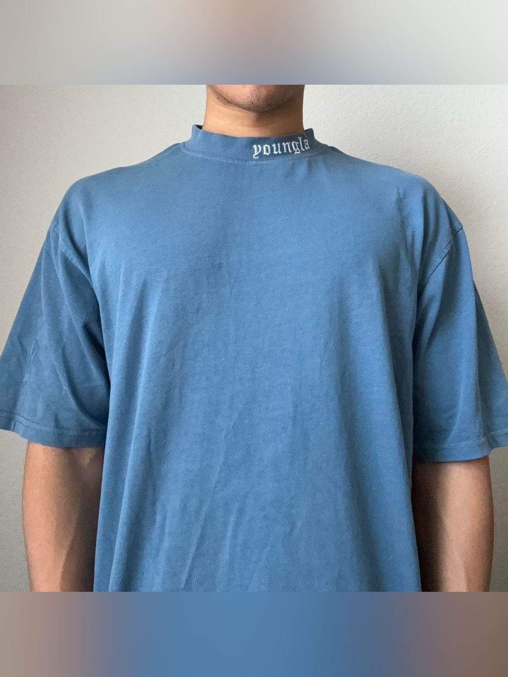 YoungLA Embroidered Gothic Logo Blue Tee Shirt